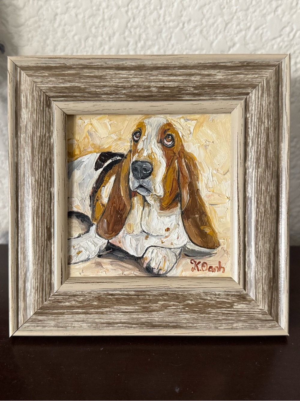 Hand painted oil painting basset hound dog portrait signed framed 4x4 inches